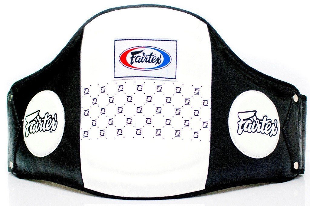 Fairtex Belly Pad BPV1 White/Black Standard Leather - Hook & Loop Waist Wrap
